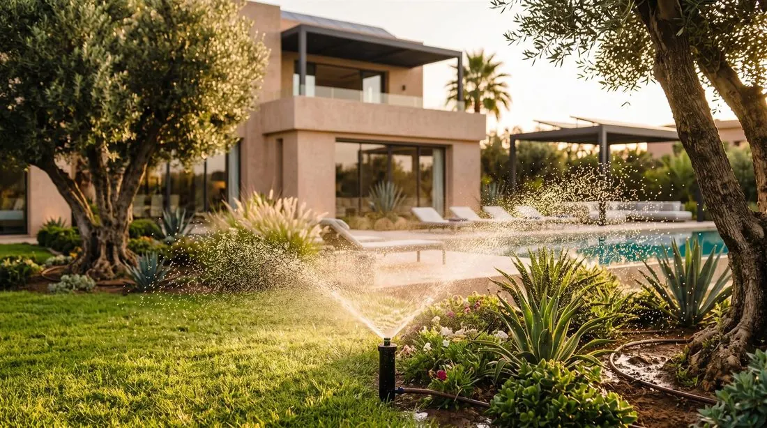 Arroseur automatique dans le jardin d'une villa