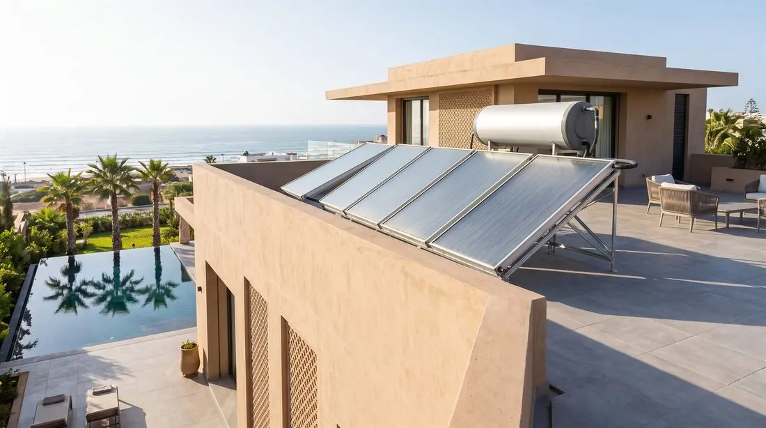 Chauffe-eau solaire sur le toit-terrasse d'une villa face à l'océan