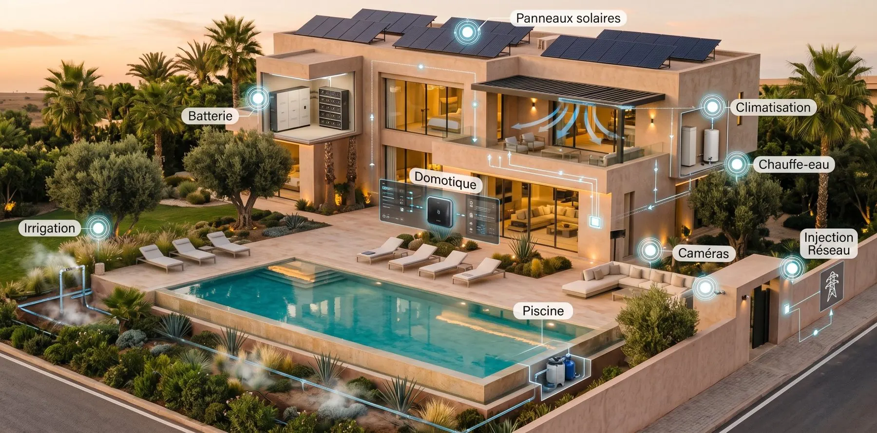 Villa intelligente : panneaux solaires, batterie, climatisation, chauffe-eau, domotique, caméras, piscine, irrigation et injection réseau