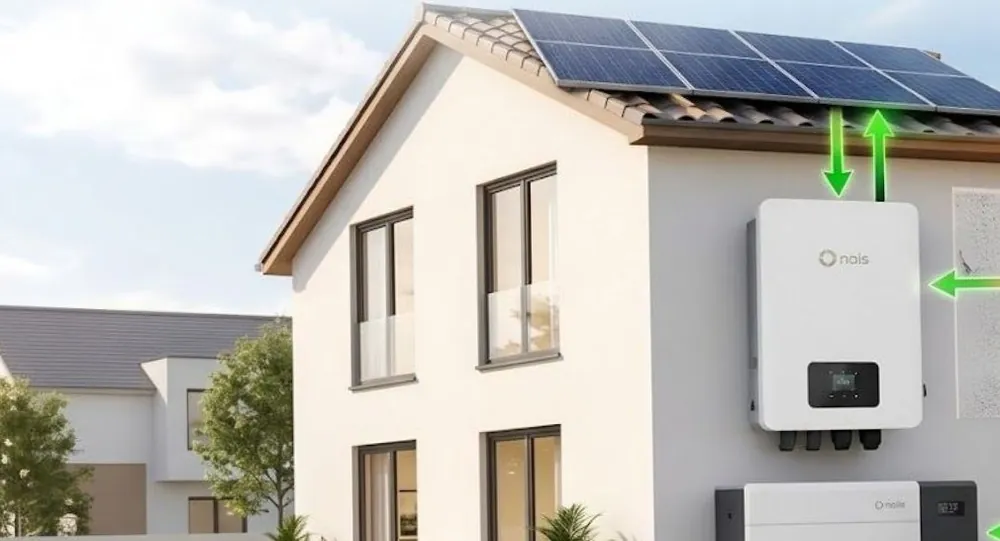 Maison avec panneaux solaires, onduleur hybride et batterie sur la façade