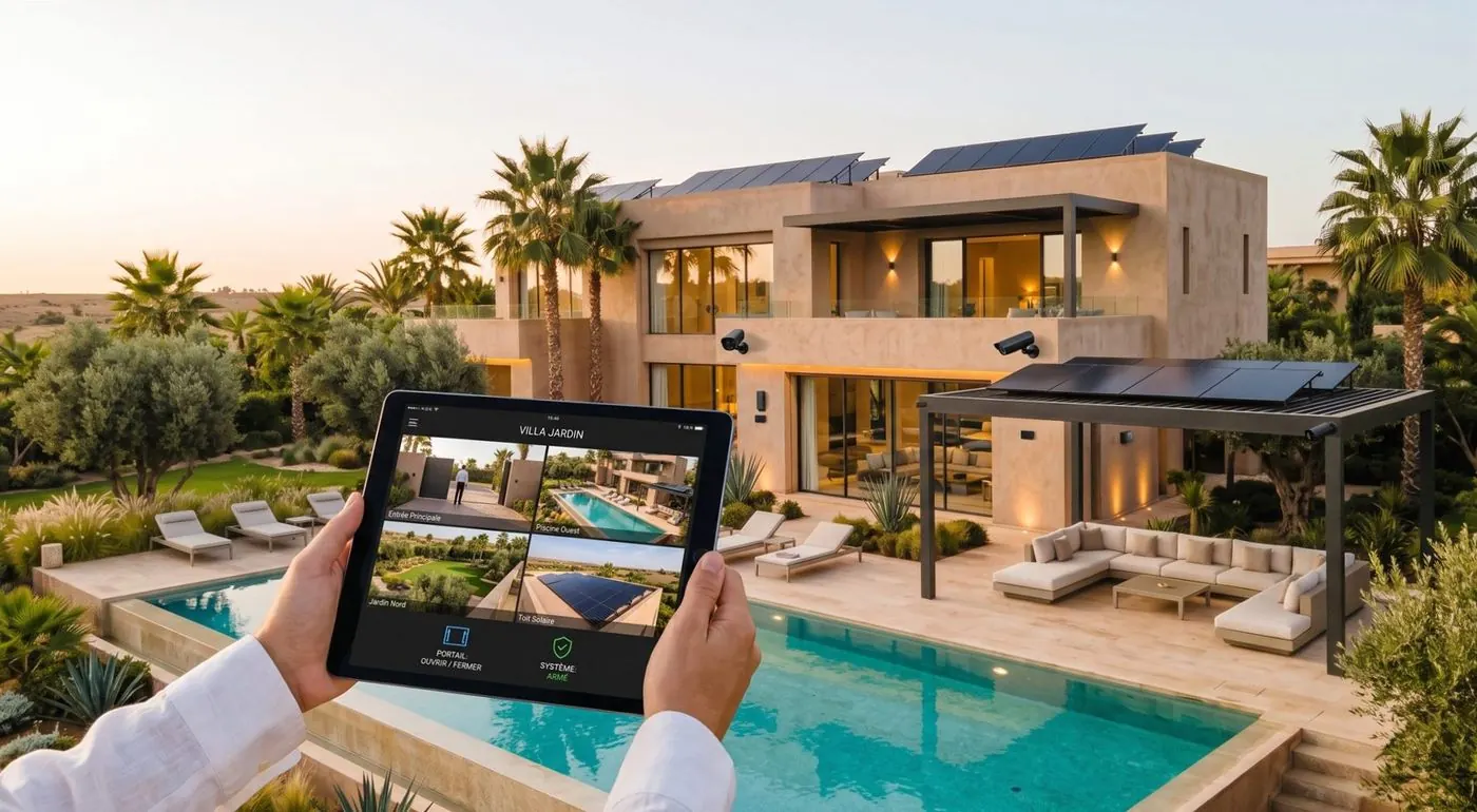 Tablette affichant les caméras de surveillance d'une villa : entrée, piscine, jardin et toit solaire